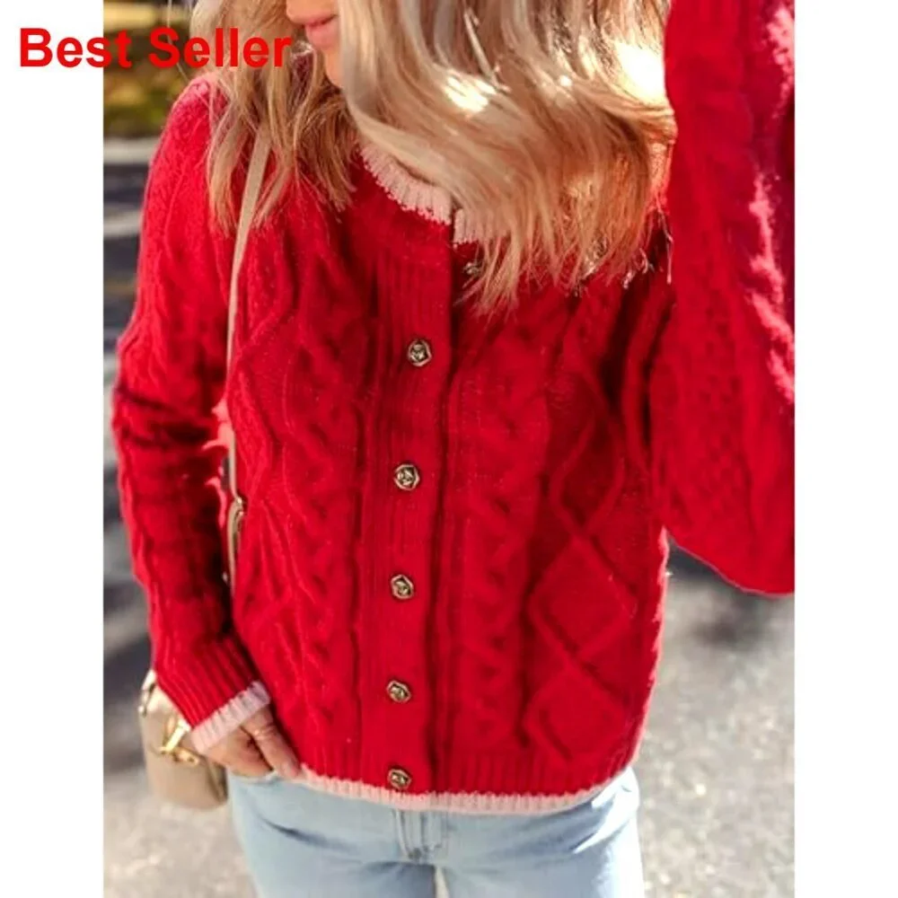 Long Sleeve Cable Knit Cardigan Button Front Round Neck Sweater Women's